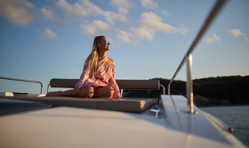 Sundeck lounge on rooftop on the Northman 1200 Motor Yacht